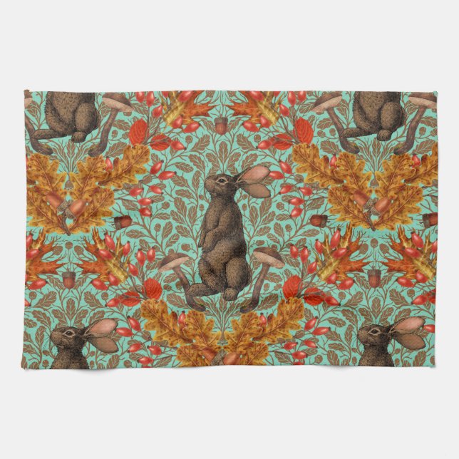 Autumn rabbit on light green tea towel (Horizontal)