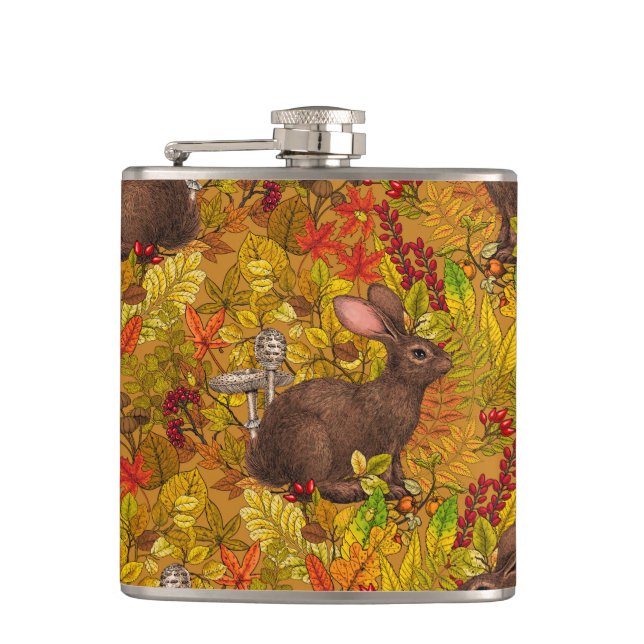 Autumn Rabbit on ochre Hip Flask (Front)