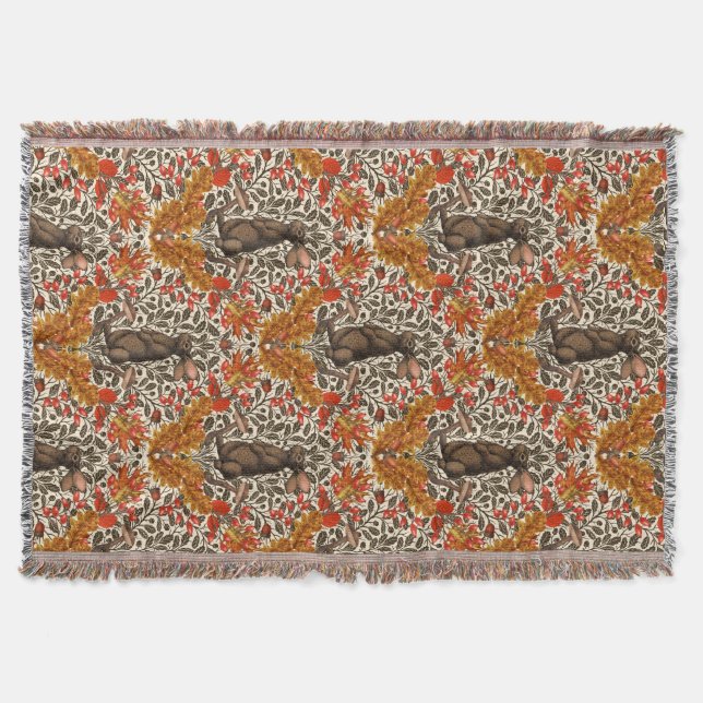 Autumn rabbit on off white throw blanket (Front)