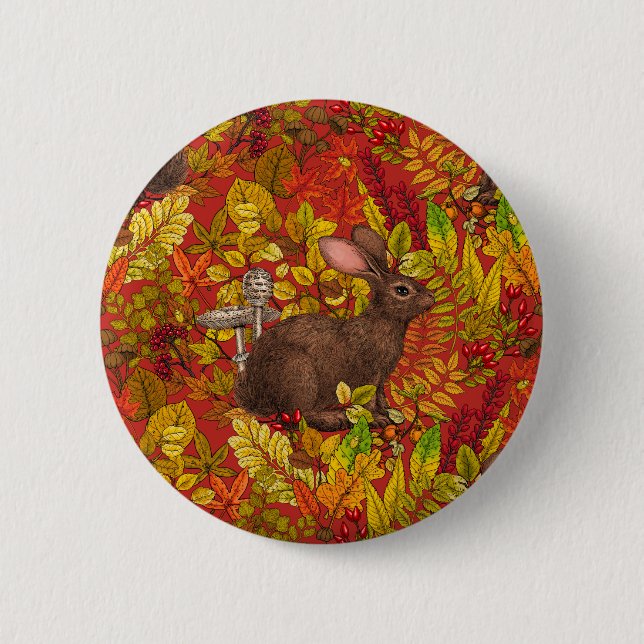 Autumn Rabbit on red 6 Cm Round Badge (Front)
