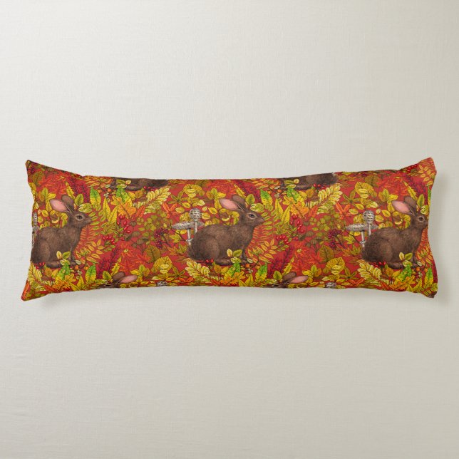 Autumn Rabbit on red Body Cushion (Front)