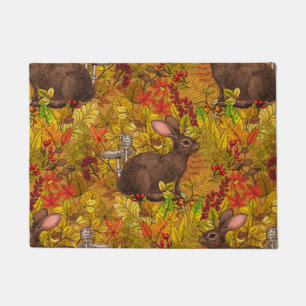 Autumn Rabbit on red Doormat