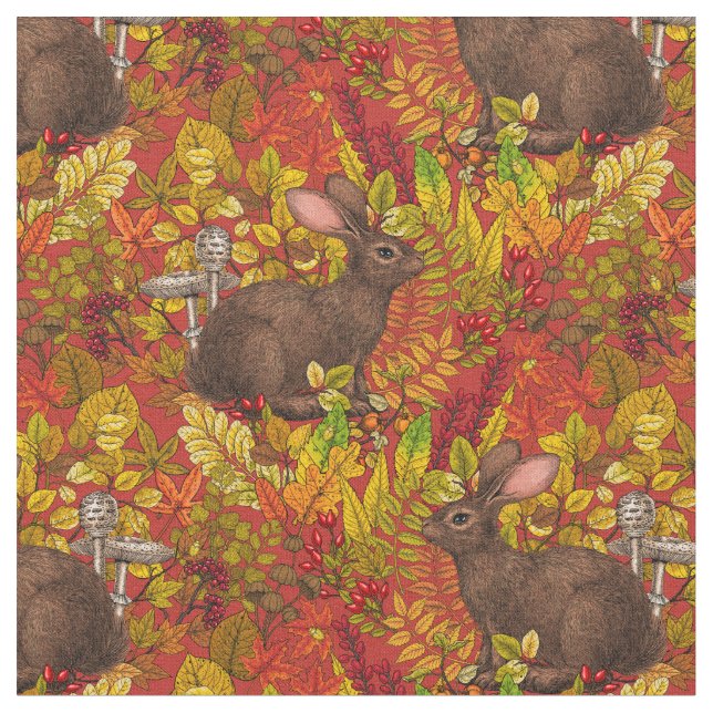 Autumn Rabbit on red Fabric (Close Up)