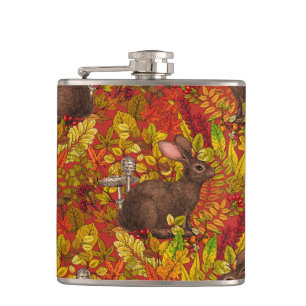 Autumn Rabbit on red Hip Flask