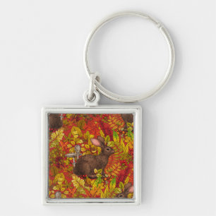 Autumn Rabbit on red Key Ring