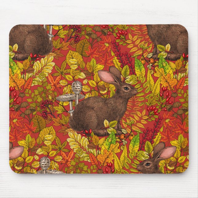 Autumn Rabbit on red Mouse Pad (Front)