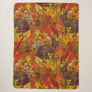 Autumn Rabbit on red Sherpa Blanket