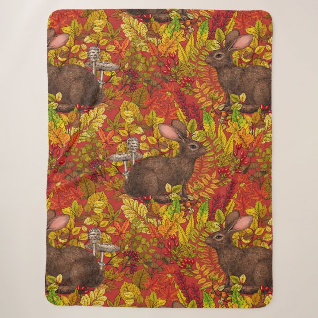 Autumn Rabbit on red Sherpa Blanket (Front)