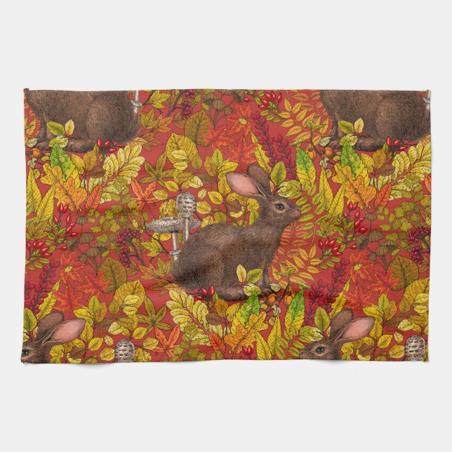 Autumn Rabbit on red Tea Towel (Horizontal)