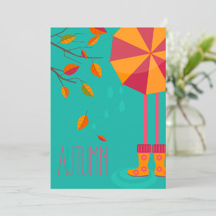 Autumn Rain Boots and Umbrella Fall Leaves  Invitation