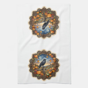 Autumn Raven’s Watch Vintage Halloween Art Tea Towel