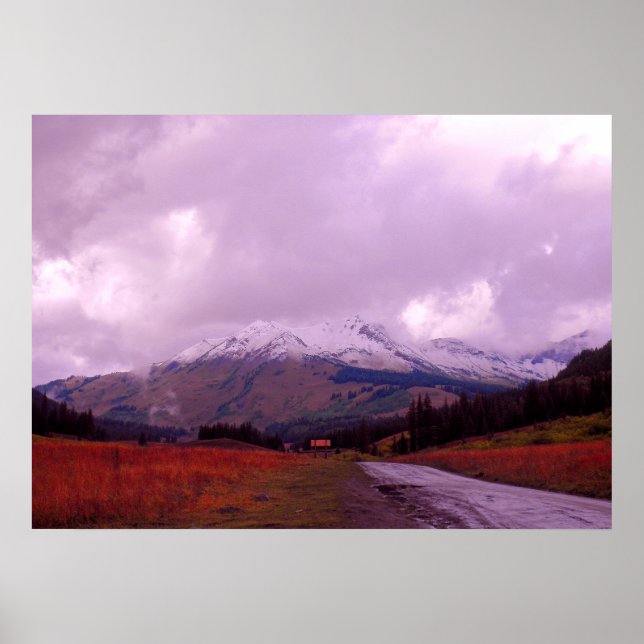 Autumn Red Fields Under a Stormy Mountain Sky Poster (Front)