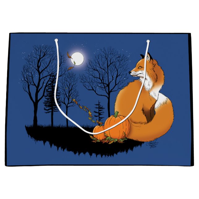 Autumn Red Fox Pumpkins Woodland Fall Blue Large Gift Bag (Front)