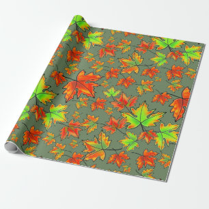 Autumn red green orange leaves maple leaves wrapping paper