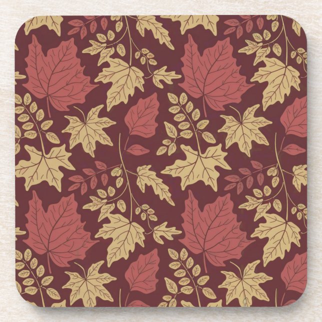Autumn Red Leaves Beige Burgundy Coaster Set (Front)