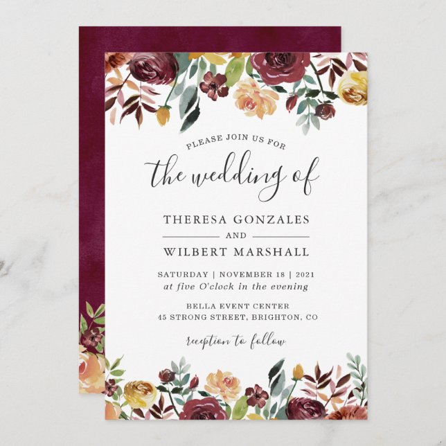 Autumn Red Orange Botanical Floral Fall Wedding Invitation (Front/Back)