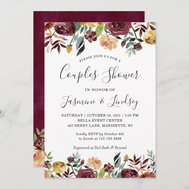 Autumn Red Orange Floral Wedding Couples Shower Invitation (Front/Back)