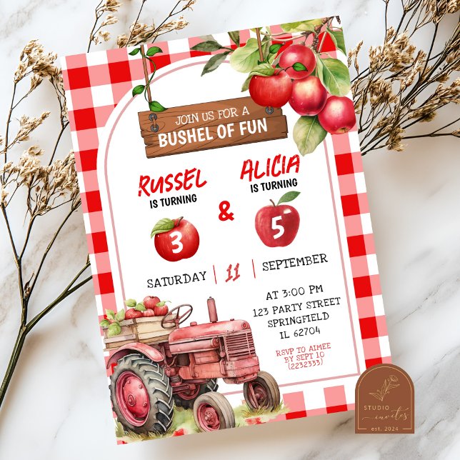 Autumn Red Plaid Apple Sibling Birthday Invitation (Creator Uploaded)