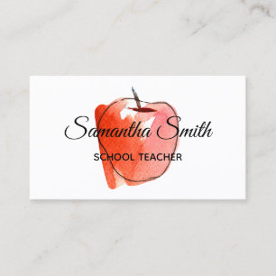 Autumn Red Watercolor Apple School Teacher Business Card
