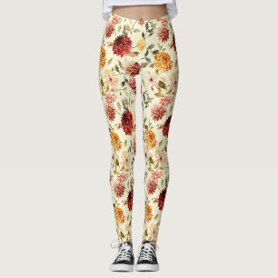 Autumn Red Yellow Pink Flowers Leggings