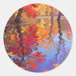 Autumn Reflection Pond Impressionist Classic Round Sticker