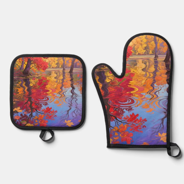 Autumn Reflection Pond Impressionist Oven Mitt & Pot Holder Set (Front)