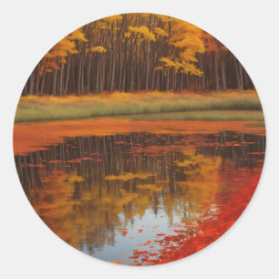 Autumn Reflections A Serene Lake Classic Round Sticker