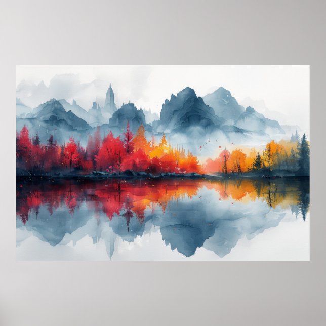 Autumn Reflections: Misty Lake Panorama Poster (Front)