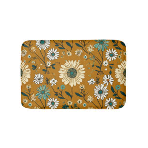Autumn Retro Boho Mustard Flowers Pattern Bath Mat