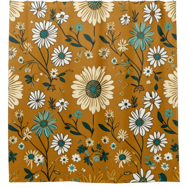 Autumn Retro Boho Mustard Flowers Pattern Shower Curtain (Front)