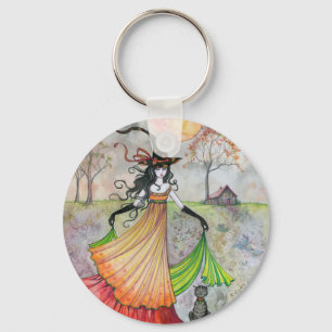 Autumn Reverie Witch and Cat Halloween Art Key Ring