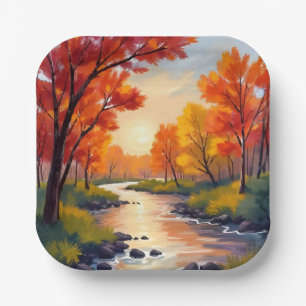 Autumn River Fall Foliage Nature Watercolor Paper Plate
