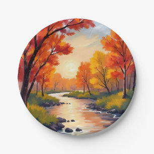 Autumn River Fall Foliage Nature Watercolor Paper Plate