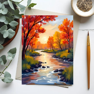 Autumn River   Fall Foliage Nature Watercolor Postcard