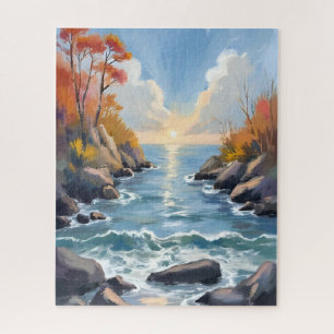Autumn River Sunlight Fall Landscape Watercolor Jigsaw Puzzle