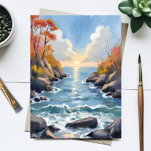Autumn River Sunlight Fall Landscape Watercolor Postcard