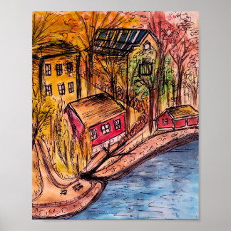 Autumn Riverside Art – Cosy Fall Illustration Poster