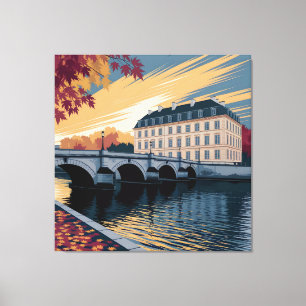 Autumn Riverside European City Illustration Art Canvas Print