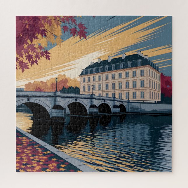 Autumn Riverside European City Illustration Art Jigsaw Puzzle (Vertical)