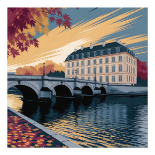 Autumn Riverside European City Illustration Art Photo Print