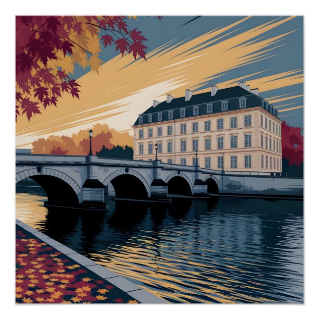 Autumn Riverside European City Illustration Art Poster (Front)