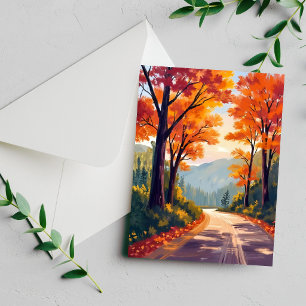 Autumn Road Watercolor Fall Foliage Leaves Card