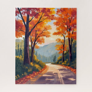 Autumn Road   Watercolor Fall Foliage Leaves Jigsaw Puzzle