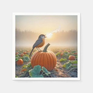 Autumn Robin Singing On a Pumpkin Napkin