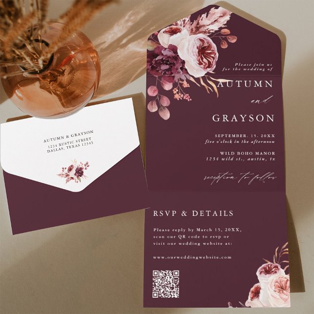 Autumn Romance Burgundy Floral Wedding QR Code All In One Invitation (Inside & Back)