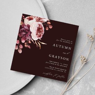 Autumn Romance Burgundy Floral Wedding Square Invitation