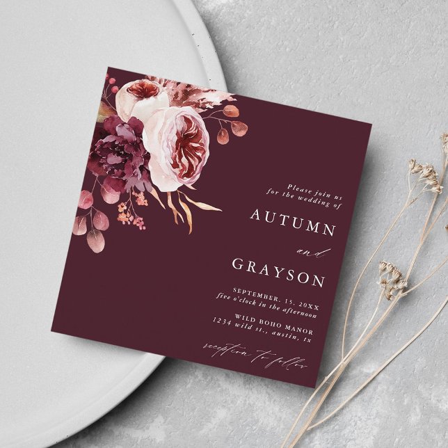 Autumn Romance Burgundy Floral Wedding Square  Invitation (Creator Uploaded)