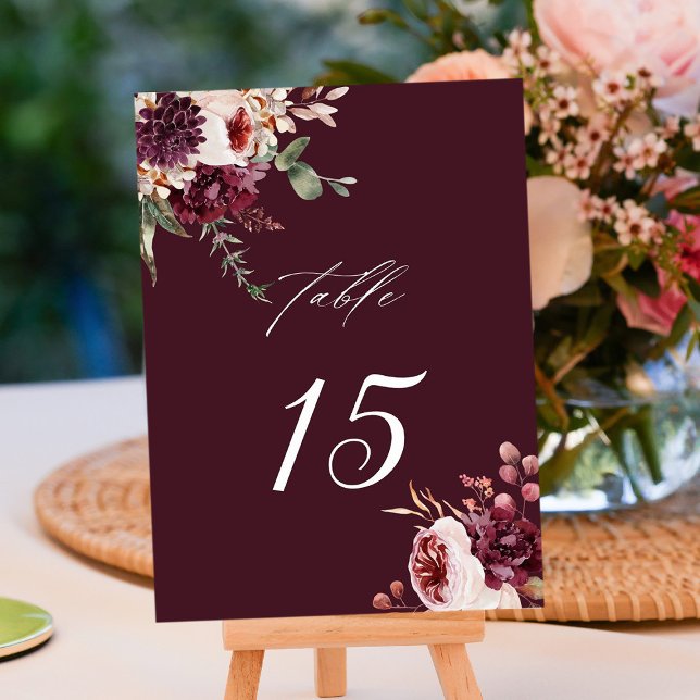 Autumn Romance Burgundy Floral Wedding Table Number (Creator Uploaded)