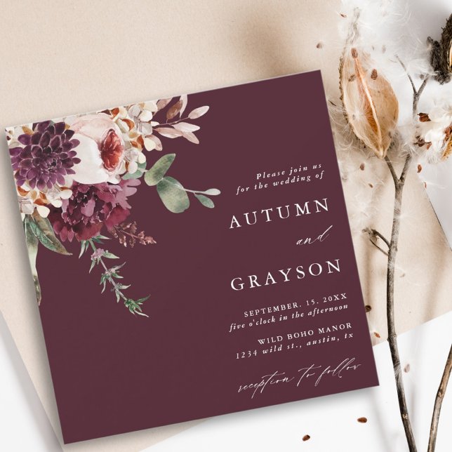Autumn Romance Burgundy Watercolor Wedding Square Invitation (Creator Uploaded)