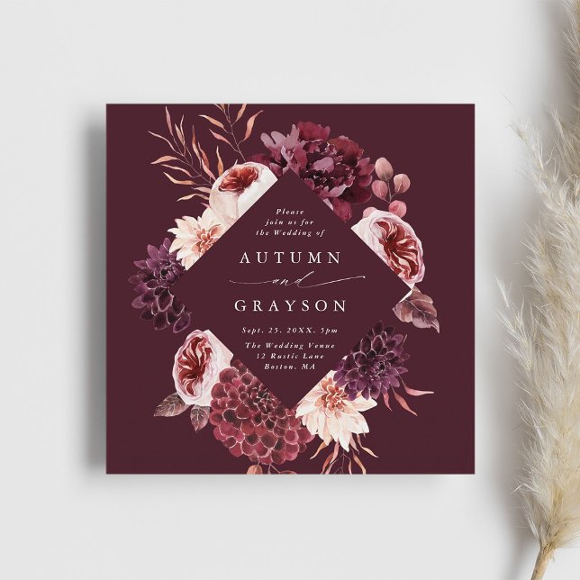 Autumn Romance Burgundy Watercolor Wedding Square Invitation (Creator Uploaded)